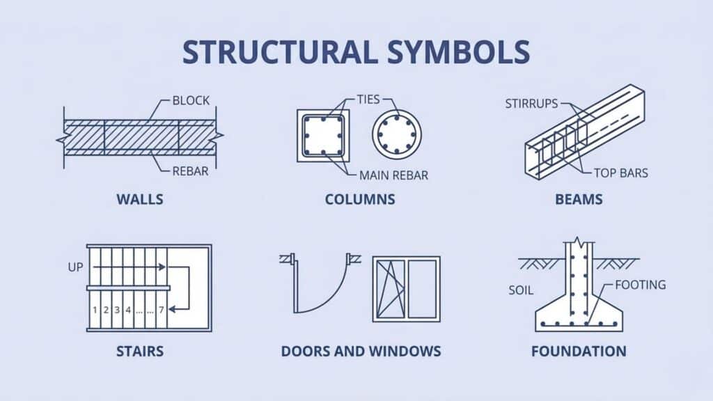 structural floor plan symbols showing walls beams columns and foundations used in construction drawings