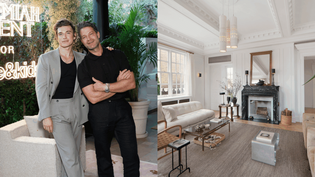 stylish couple portrait with bright modern classic living room and fireplace