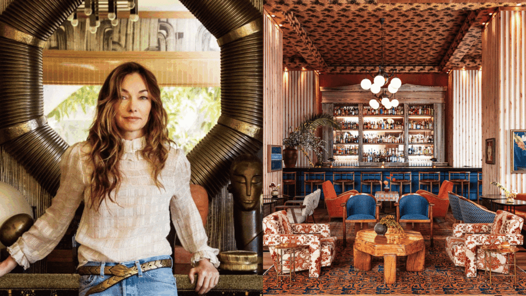 stylish designer portrait with artistic warm interior and bold patterns