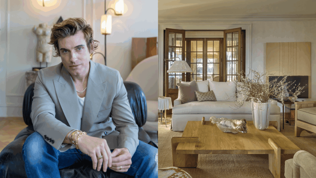 stylish modern portrait with warm neutral living room and wood furniture