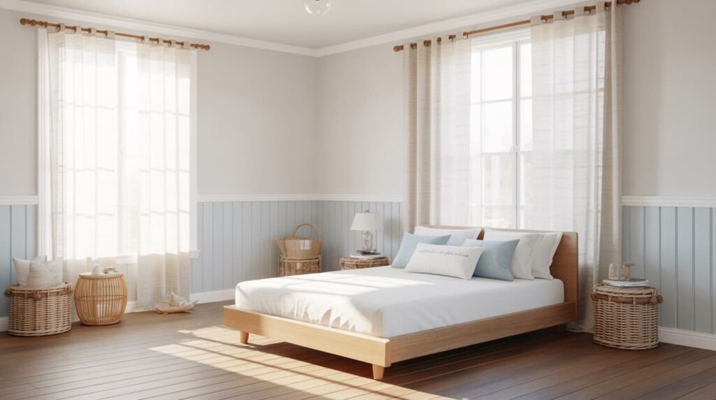 sunlit bedroom with soft blue and white two tone wall colors examples featuring wooden bed wicker decor and large windows