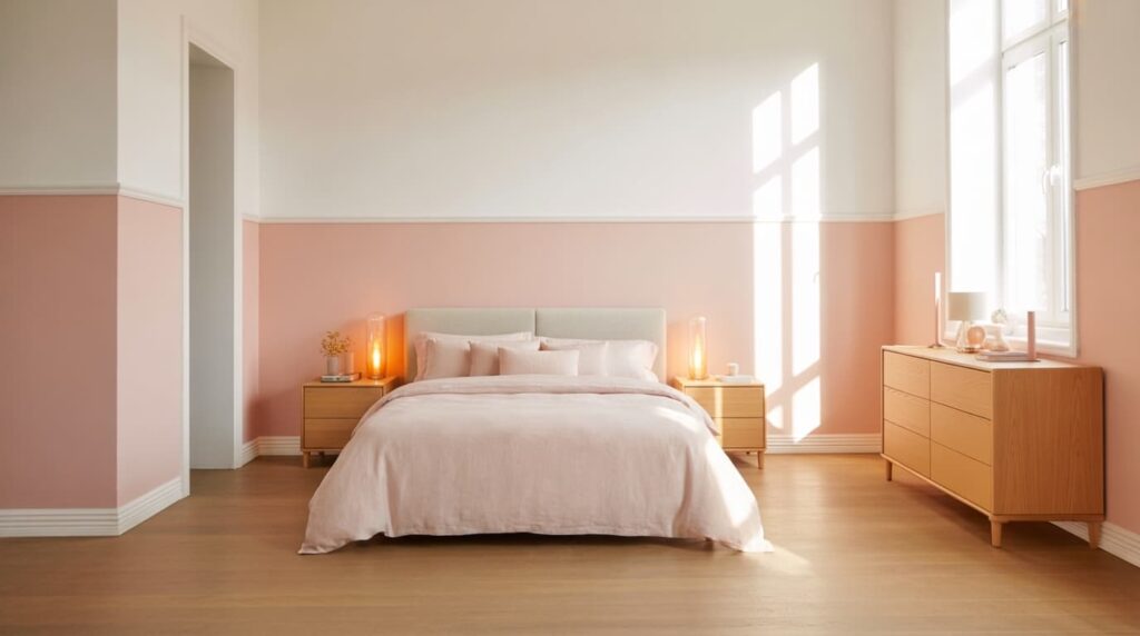 sunlit bedroom with soft pink and cream two tone wall colors examples featuring wooden bed side tables and dresser