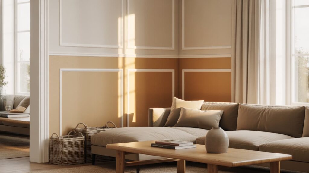 sunlit living room with beige sofa wooden table and decorative panels showing two tone wall colors examples in warm neutral shades