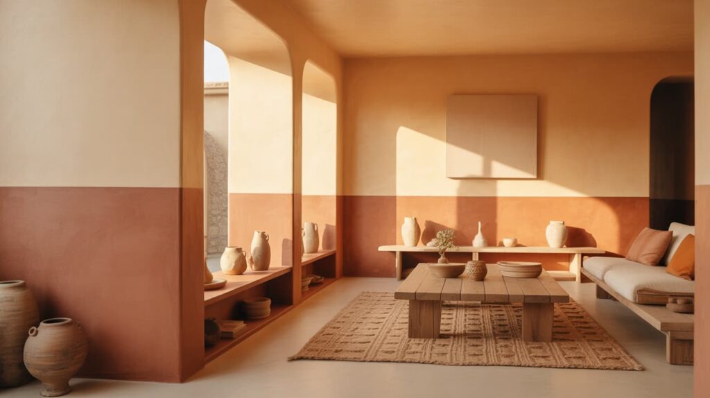 terracotta and cream interior space with arches pottery decor and wooden table showing kw two tone wall colors examples in warm tones
