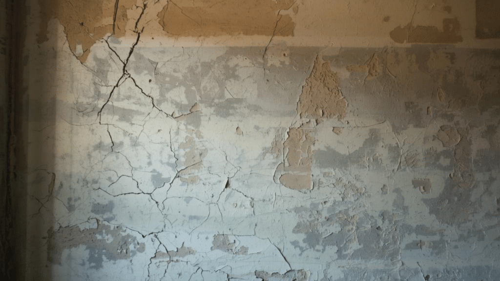 textured cracked wall surface with peeling plaster and visible damage on the wall