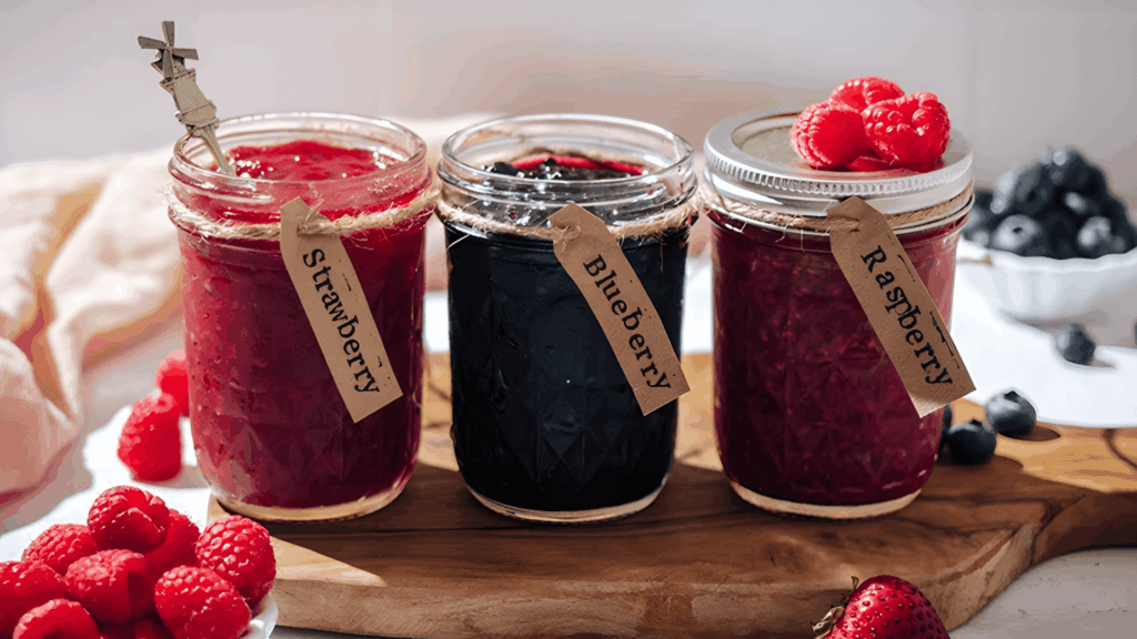 three jars of strawberry blueberry and raspberry jam with fruit on wooden board for homemade gifts made easy