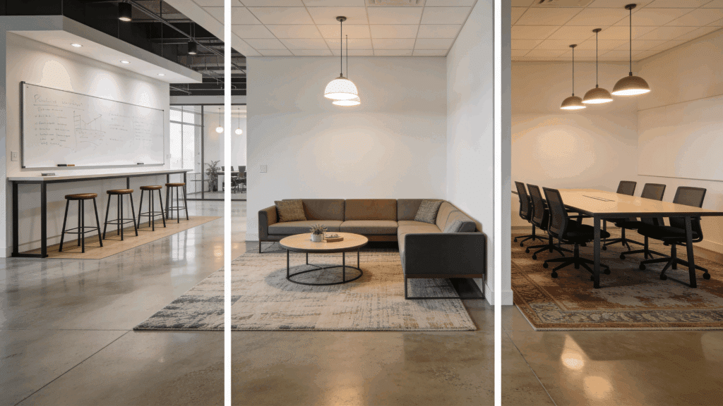 three office spaces showing open workspace lounge with sofa and table and meeting rooms with desks chairs and lighting