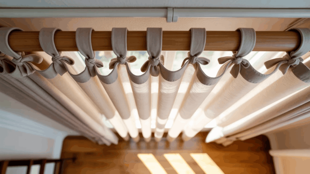 tie top curtains with fabric bows attached to wooden rod forming soft folds above bright window curtain styles