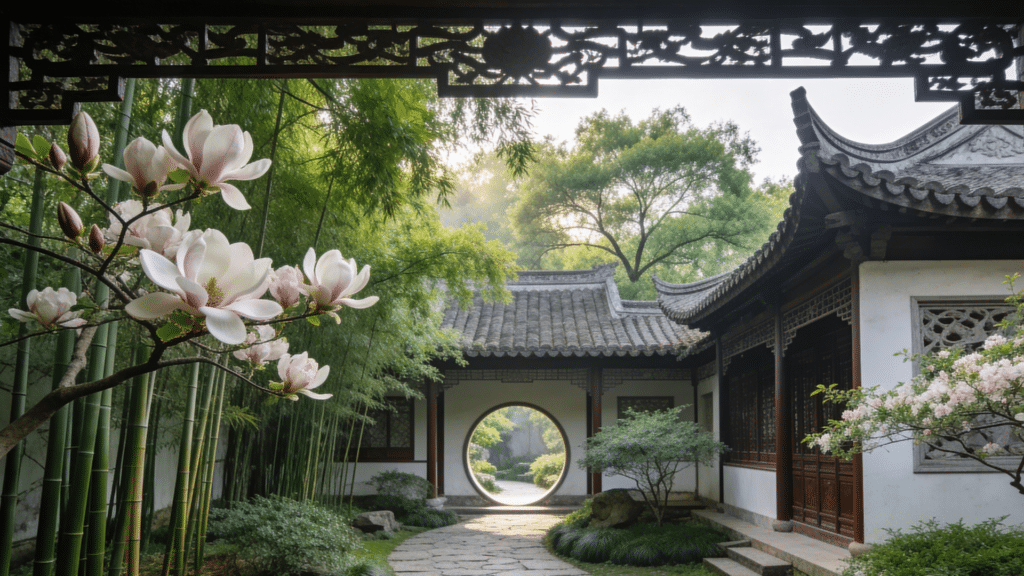 traditional chinese garden courtyard with curved roof and bamboo