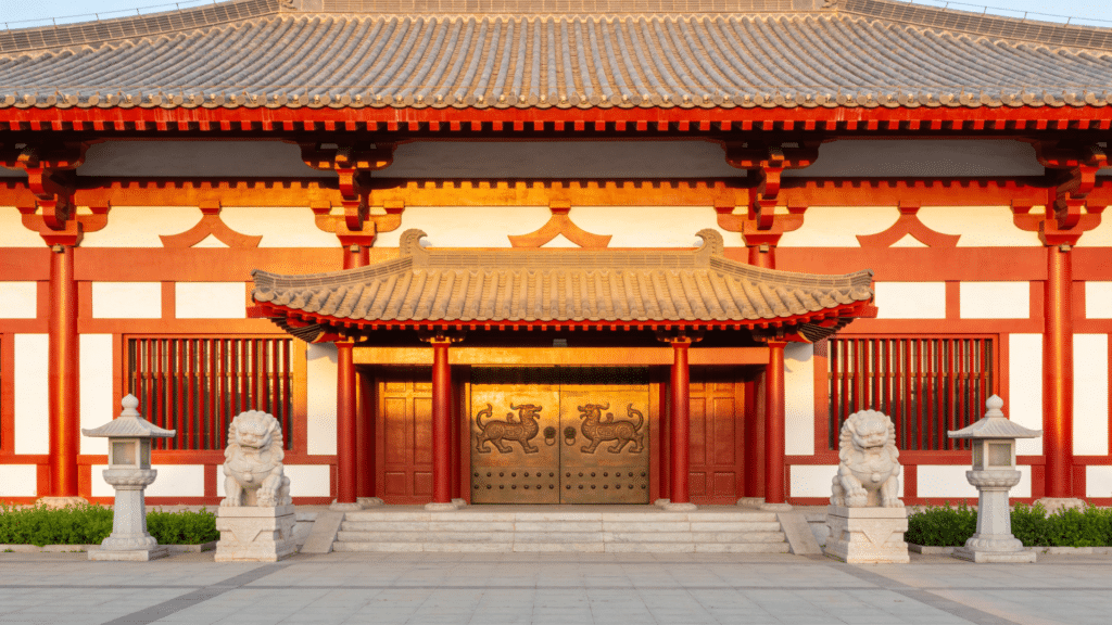 traditional chinese museum entrance with red columns and roof