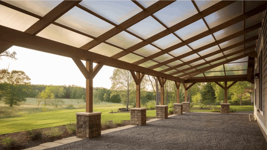 transparent roof with wooden beams and stone pillars porch ceiling ideas