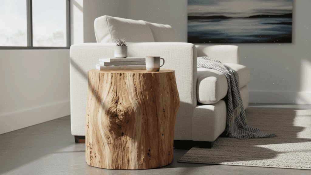 tree stump end table with natural wood finish placed beside chair with books and cup for diy furniture idea
