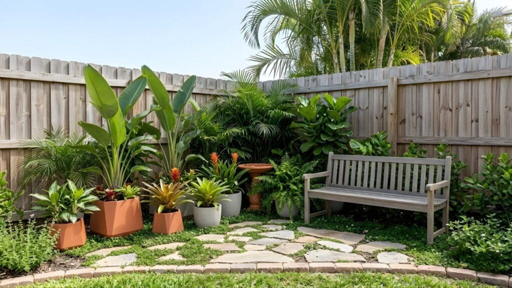 tropical corner with lush plants and bench highlighting small backyard oasis ideas for relaxing garden space