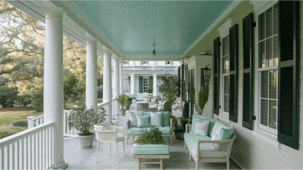 turquoise painted porch ceiling with white columns porch ceiling ideas