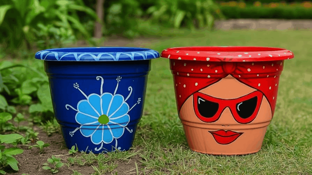 two colorful painted flower pots with floral pattern and face design sitting on grass for homemade gifts made easy