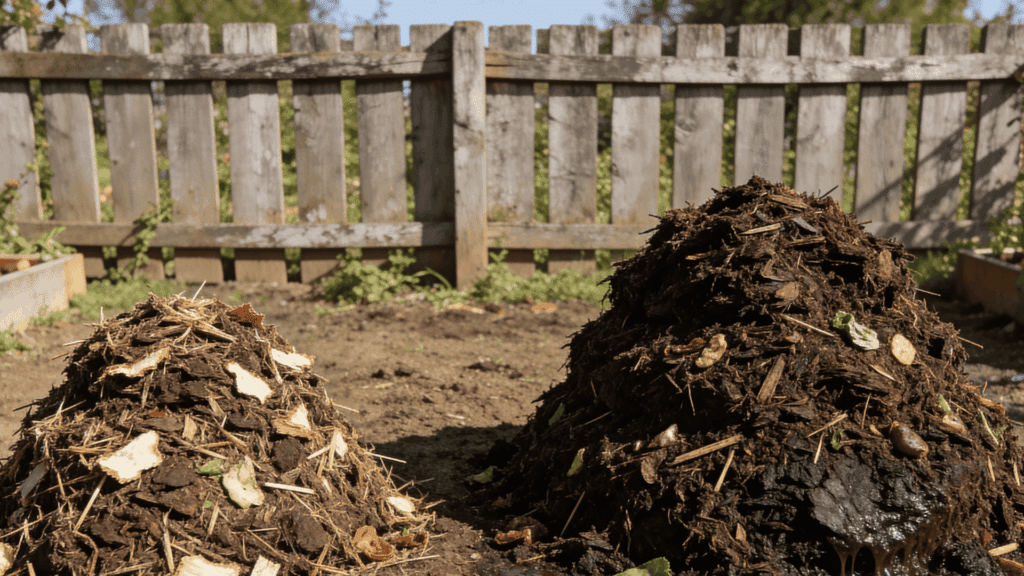 two compost piles at different stages one dry and one wet decomposing in a backyard garden near a wooden fence