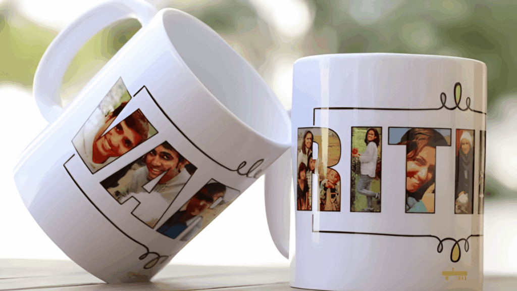 two custom photo mugs with letters and family pictures printed on white ceramic for homemade gifts made easy