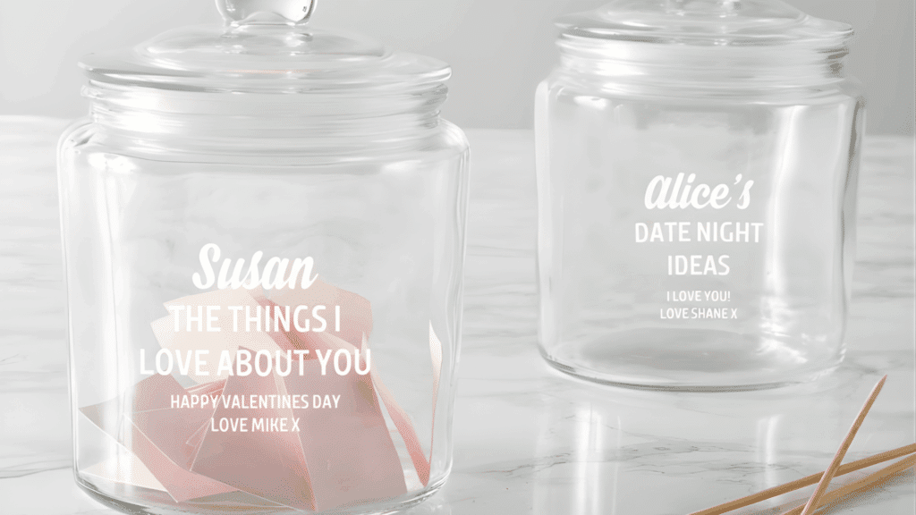 two mason jars filled with small gift notes and tickets tied with ribbon for homemade gifts made easy