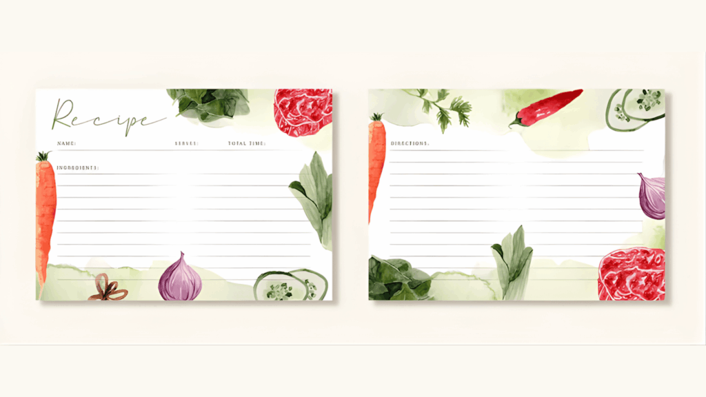 two printable recipe cards with vegetable illustrations and blank lines for ingredients and directions for homemade gifts made easy
