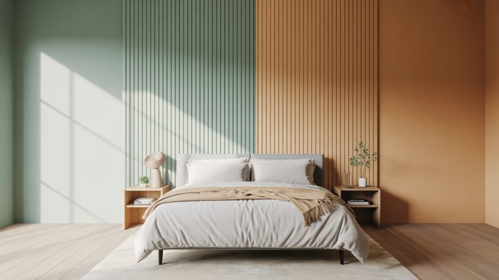 two tone wall colors examples featuring modern bedroom with mint green and warm beige walls wooden slat panel headboard and soft sunlight through window