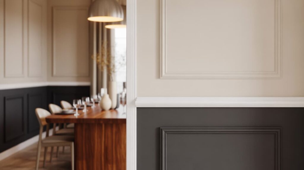 two tone wall colors examples showing elegant dining room with white upper wall black lower paneling wooden dining table and soft pendant lighting