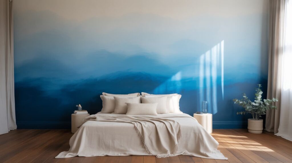 two tone wall colors examples showing modern bedroom with gradient blue wall design soft bedding wooden floor and sunlight from window