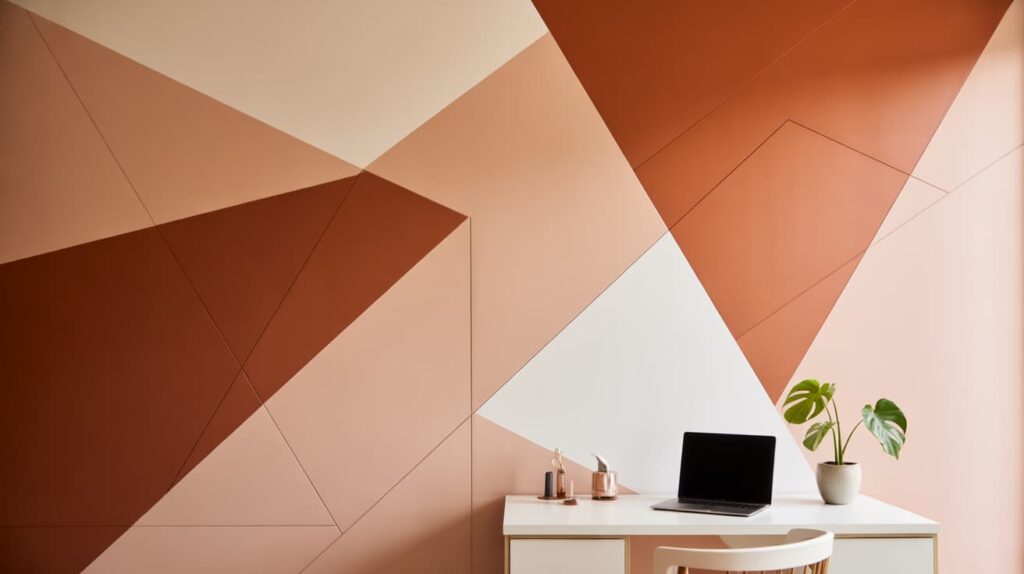 two tone wall colors examples showing modern geometric wall design in warm terracotta and beige tones behind minimalist desk with laptop and plant