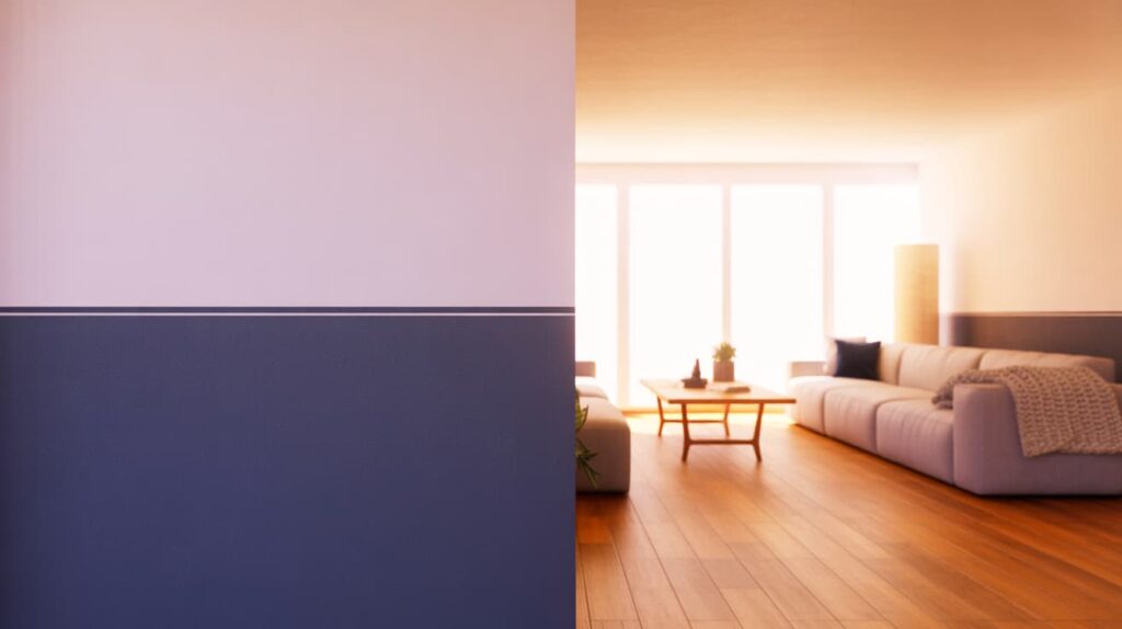 two tone wall colors examples showing split painted wall beside bright living room with sofa coffee table and sunlight