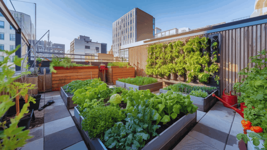 urban rooftop garden with raised beds leafy vegetables and vertical garden