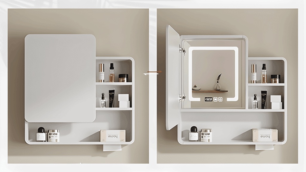 vanity with illuminated mirror cabinet open shelves and marble sink reflecting clean minimalist japanese bathroom design style