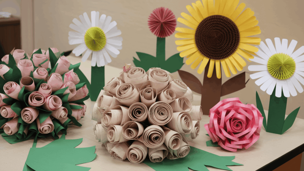 14 Flower Crafts Easy Anyone Can Make at Home variety of paper flowers including roses daisies and sunflowers as part of flower crafts