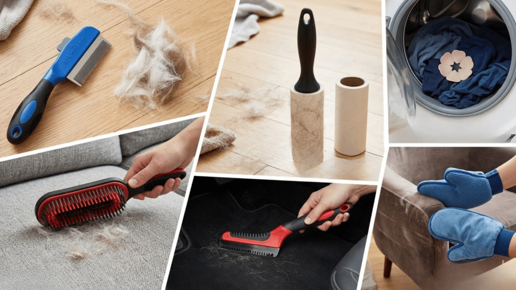 various tools for removing pet hair including lint roller rubber brush deshedding comb and glove