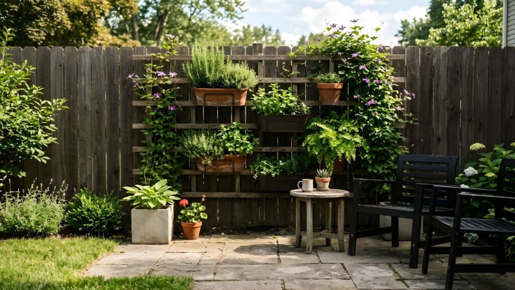 vertical garden wall with herbs and plants on wooden trellis inspiring small space backyard oasis ideas