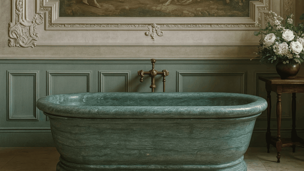 vintage green stone bathtub beneath crystal chandelier with classical wall painting and elegant traditional bathroom interior design style