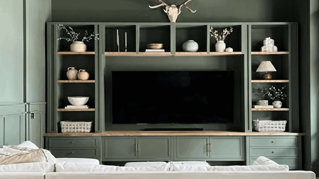 vintage vogue by benjamin moore styled shelving with earthy tones