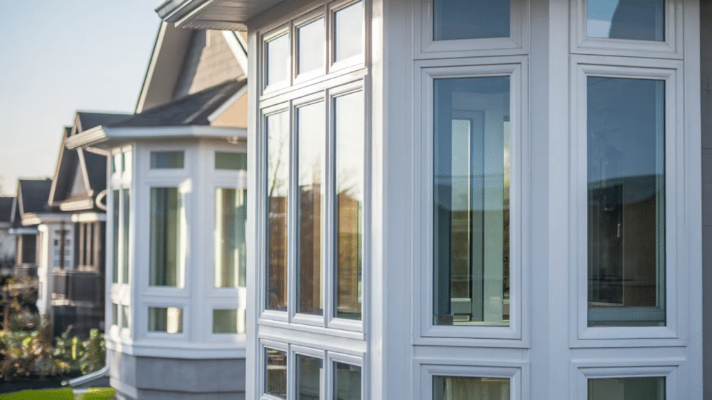 vinyl windows installed on modern house exterior with white frames and large glass panels allowing natural light
