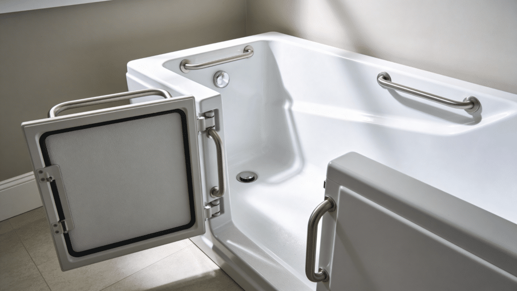 walk in bathtub with door and safety grab bars