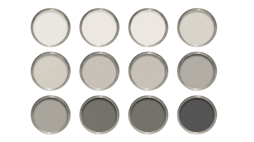 warm gray paint colors palette showing light to dark gray shades for interior wall paint inspiration and home design ideas
