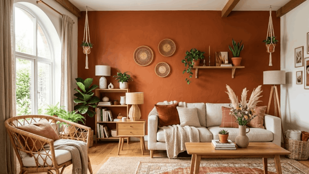 warm living room with terracotta wall sofa wooden furniture plants and woven decor accents