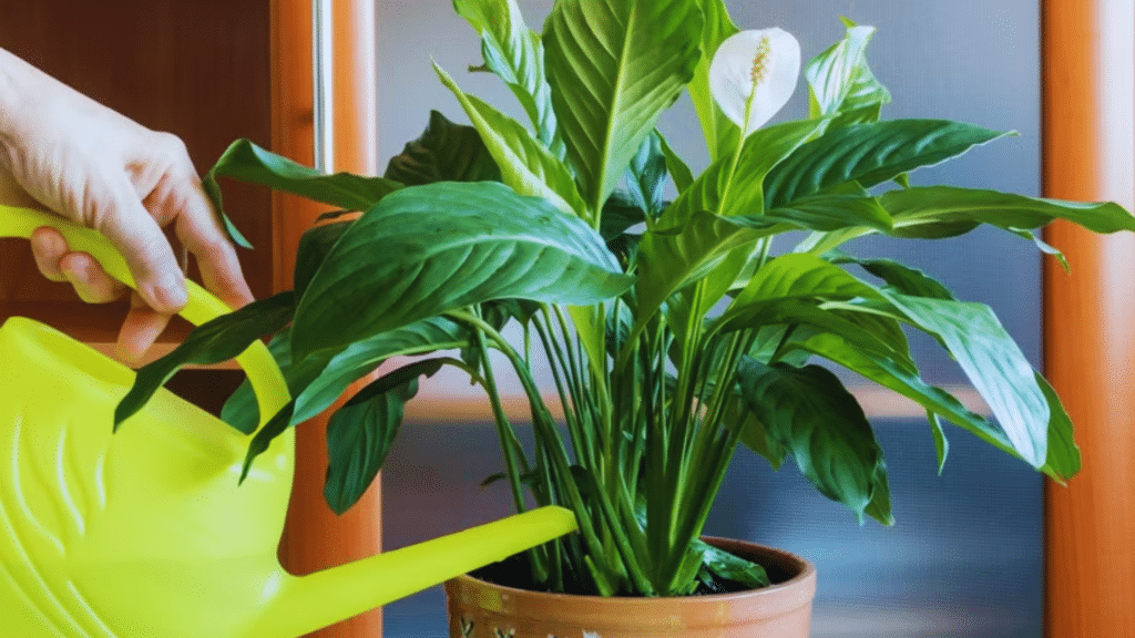 watering indoor peace lily plant with yellow watering can showing how to care for peace lily