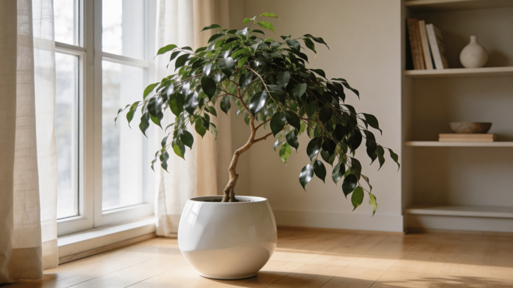 weeping fig tree in white pot near window