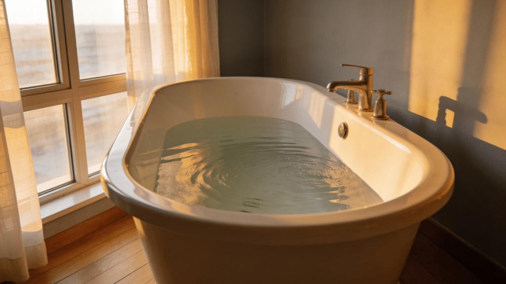 white bathtub filled with water near window sunlight
