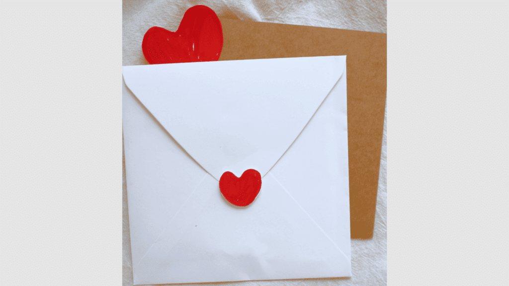 white diy valentine envelopes with red heart seal stacked on table