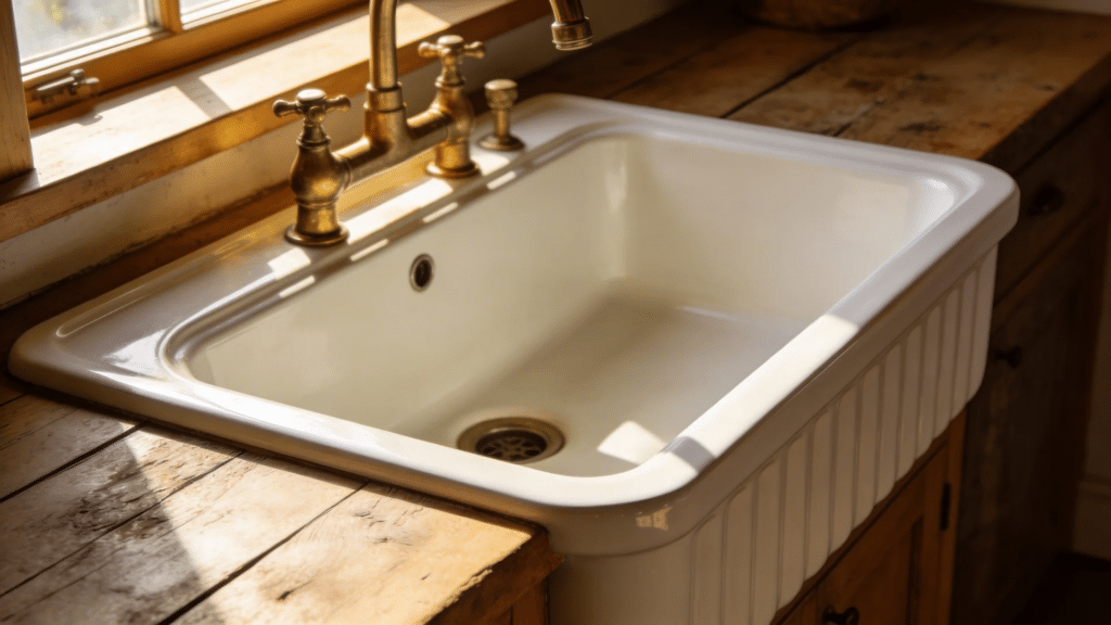 white farmhouse sink with deep apron front and brass faucet set into a wooden countertop