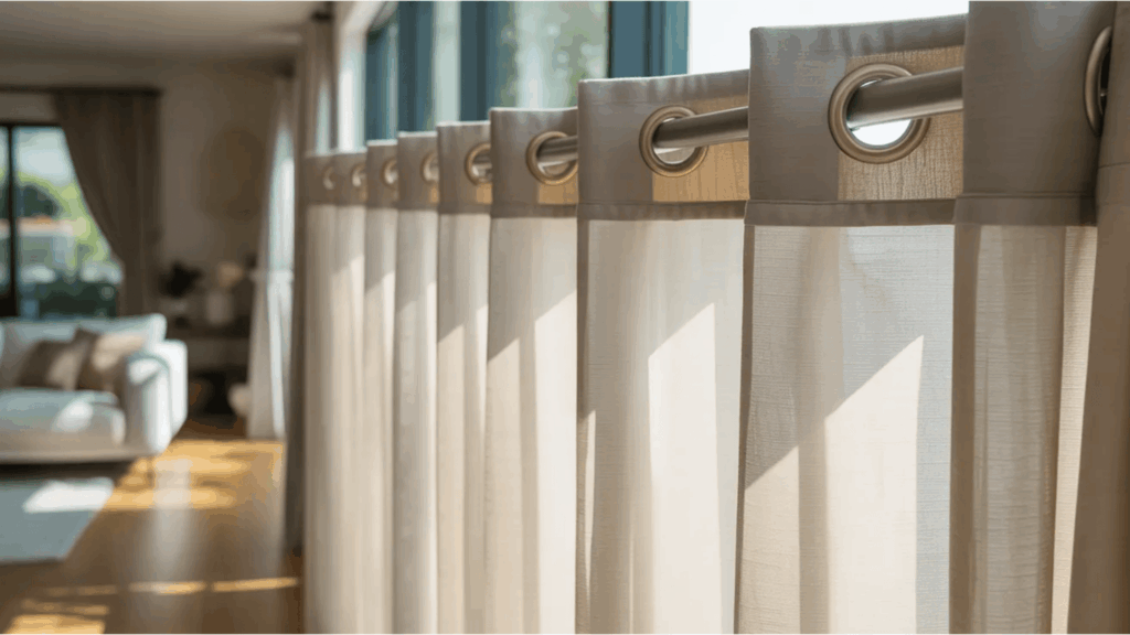 white grommet sheer curtains aligned along wide window casting gentle shadows in bright living space curtain styles