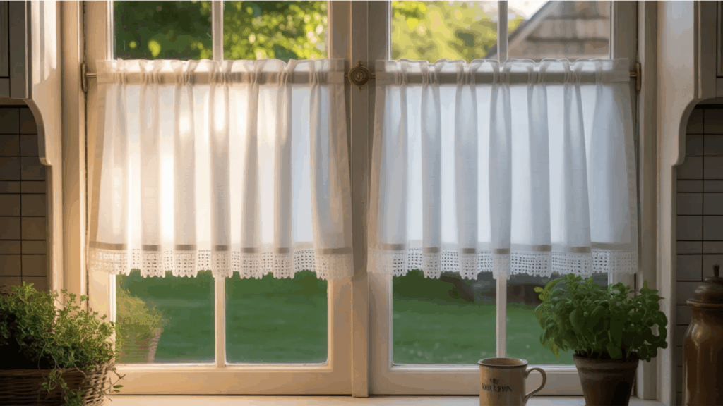 white half window cafe curtains with lace trim filtering sunlight in cozy kitchen window curtain styles