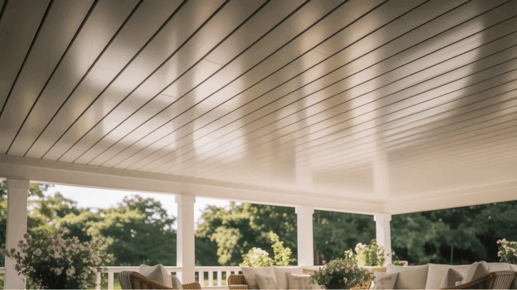 white panel porch ceiling with a soft light reflection porch ceiling ideas