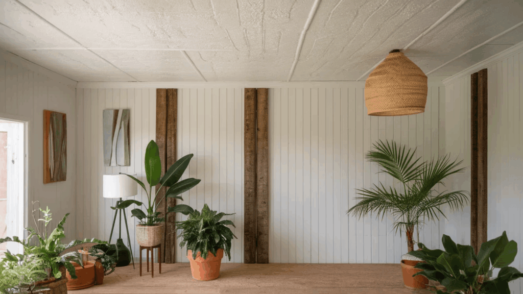 white wainscoted ceiling with wood accents and plants porch ceiling ideas