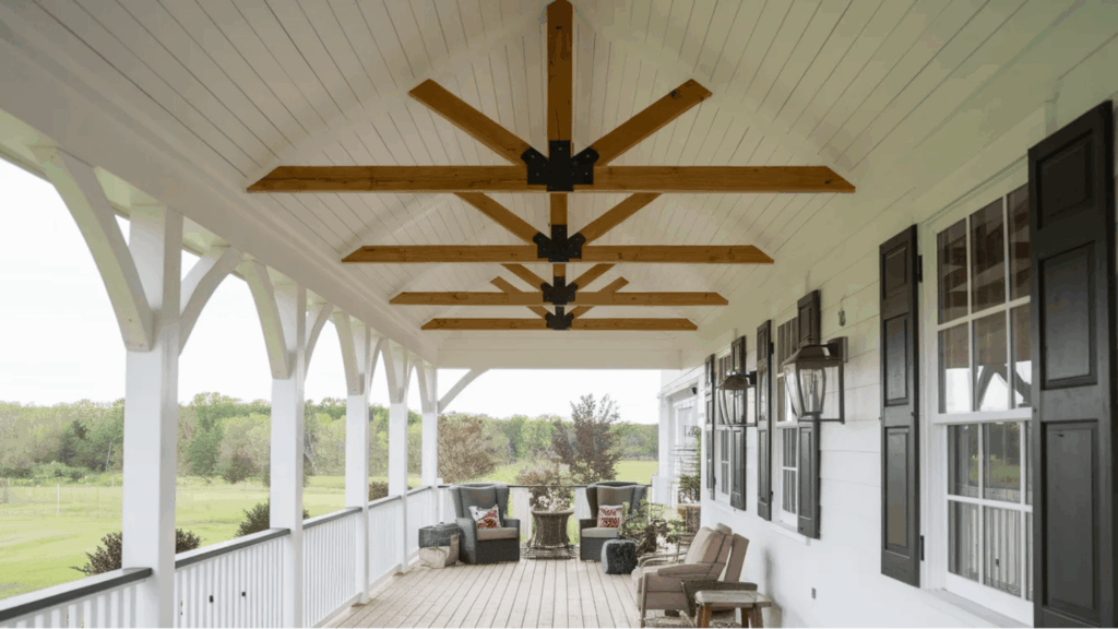 white wooden porch ceiling with wooden beams and open space porch ceiling ideas