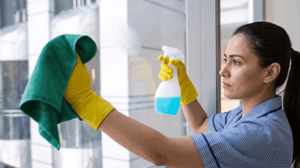 How to Clean Windows with Vinegar for a Streak-Free Finish? woman cleaning glass window with vinegar spray bottle and cloth wearing gloves wiping surface for streak free shine